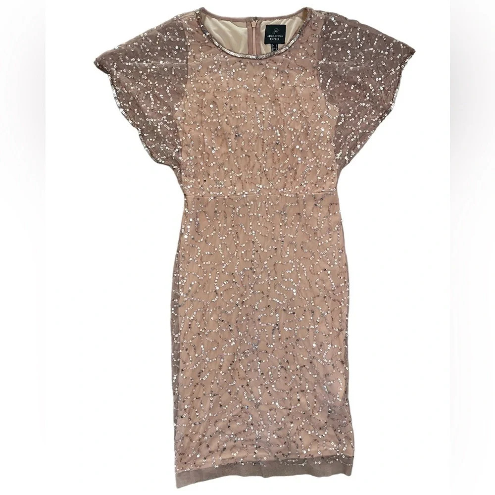 Adrianna Papell Champagne Beaded Flutter Sleeve Midi Dress
